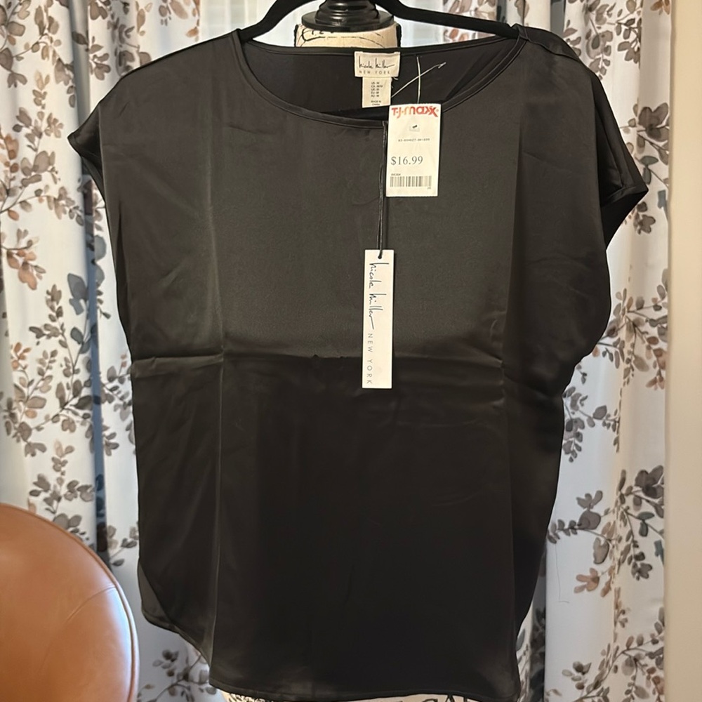 Black satin boat neck shell blouse